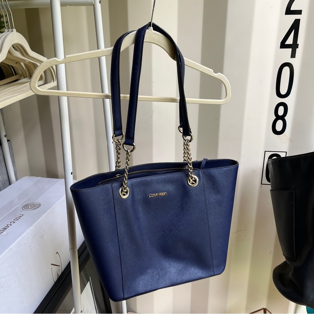 Calvin Klein Large Shoulder Bag Tote Purse Leather Navy Blue